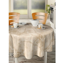 Runder Tisch mit Marmor-Tischdecke, Gedeck und Stühlen