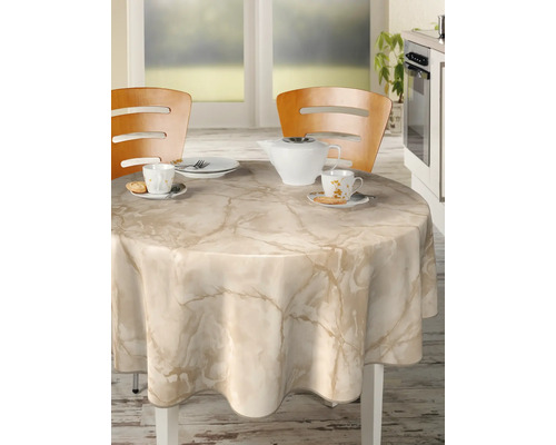 Runder Tisch mit Marmor-Tischdecke, Gedeck und Stühlen