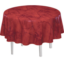 Runder Tisch mit roter Tischdecke im Marmor-Design