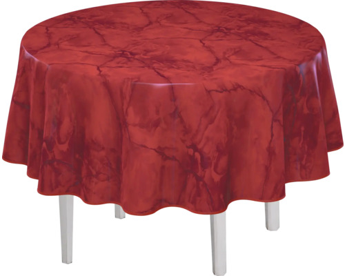 Runder Tisch mit roter Tischdecke im Marmor-Design