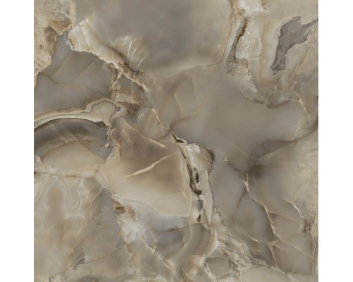 Feinsteinzeugfliese in Onyx-Optik mit Marmorierung und natürlichen Aderungen.