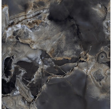 Feinsteinzeugfliese in dunkler Onyx-Optik mit marmorierter Struktur.