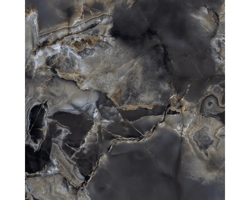 Feinsteinzeugfliese in dunkler Onyx-Optik mit marmorierter Struktur.