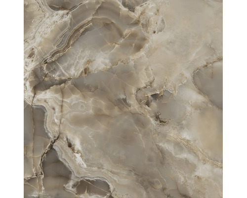 Feinsteinzeugfliese in Marmoroptik mit beige-cremefarbener Maserung und polierter Oberfläche.