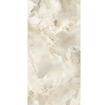 Feinsteinzeugfliese in Marmoroptik, polierte Oberfläche, beige und cremefarbene Maserung.