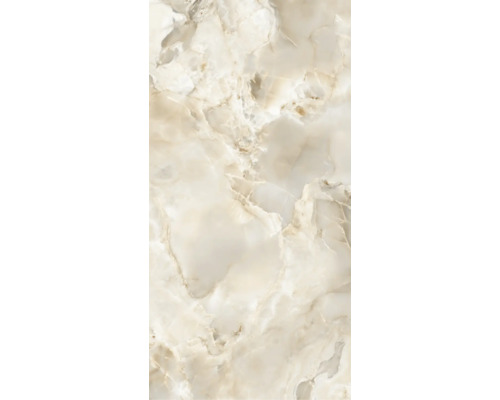 Feinsteinzeugfliese in Marmoroptik, polierte Oberfläche, beige und cremefarbene Maserung.