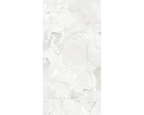 Feinsteinzeugfliese für Wand und Boden in weißer Onyx-Marmoroptik mit feiner Struktur.