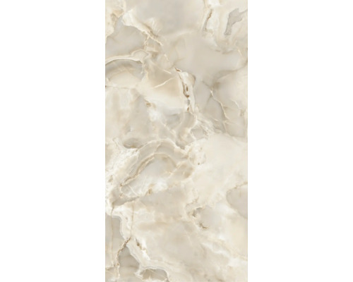 Fliese in Marmoroptik Beige mit organischer Maserung.