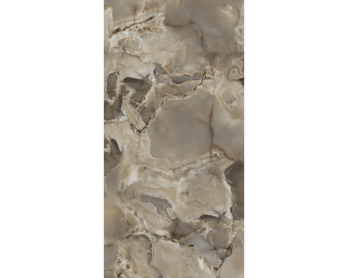 Feinsteinzeugfliese mit Marmoroptik und ausgeprägter Maserung in Beige- und Brauntönen.
