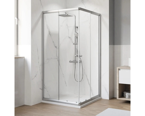 Eckeinstieg mit Schiebetür Breuer Ektos Express Q72 800-900x1800 mm Dekorglas Perle silber Eckdusche mit Schiebetür und Duschgarnitur im Badezimmer