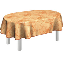 Ovaler Tisch mit Tischdecke im Marmor-Design