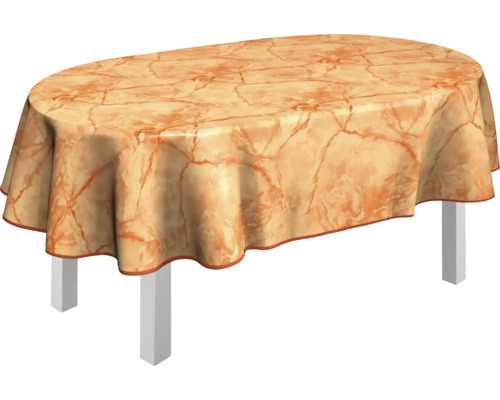 Ovaler Tisch mit Tischdecke im Marmor-Design