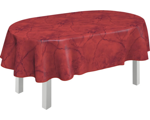 Ovaler Tisch mit roter Tischdecke