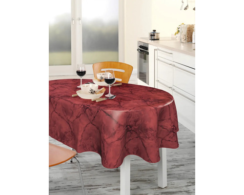 Esstisch mit roter Marmor Tischdecke in der Küche