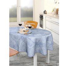 Ovaler Tisch mit blauer Marmor-Tischdecke in der Küche