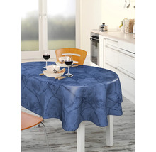 Esstisch mit blauer Wachstuchtischdecke im Marmor Design