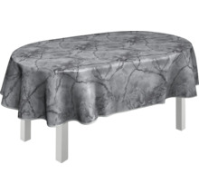 Ovaler Tisch mit grauer Tischdecke im Marmordesign
