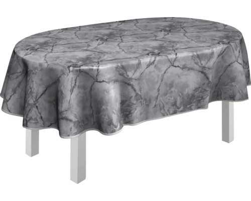 Ovaler Tisch mit grauer Tischdecke im Marmordesign