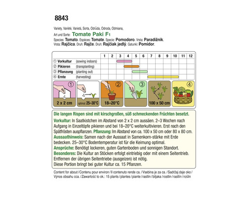 Anweisungen zum Anbau von Tomaten Paki F1 mit Informationen zu Aussaat, Pikieren, Pflanzung und Ernte
