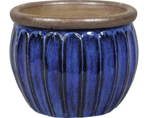 Blauer Pflanztopf aus Keramik mit gerippter Oberfläche