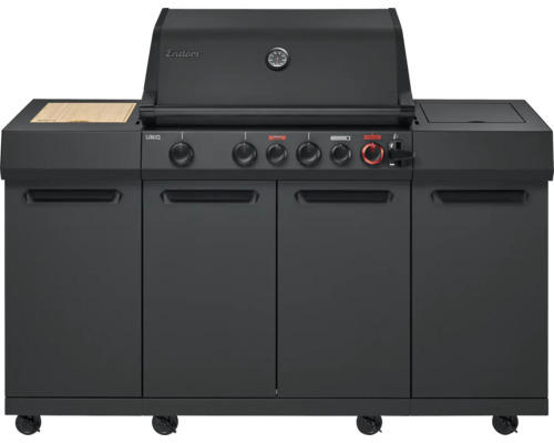 Schwarzer Gasgrill mit Schrank und Rollen für den Außenbereich.