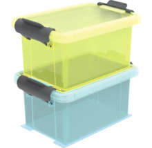 Zwei Kunststoffboxen mit Deckel und Griffen gestapelt