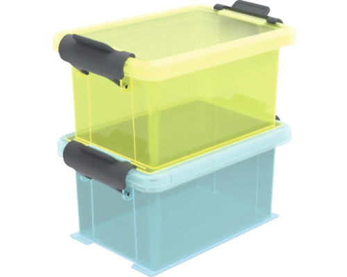 Zwei Kunststoffboxen mit Deckel und Griffen gestapelt