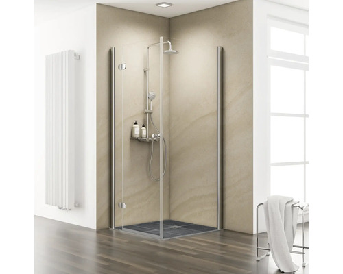 Drehtür mit Seitenwand Schulte ExpressPlus Masterclass 900x900x2000 mm Anschlag links Echtglas Klar hell chromoptik Fliesenmontage mit schmutzabweisender Glasbeschichtung Duschkabine mit Glaswänden und Duscharmatur in hellem Badezimmer