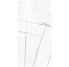 Weiße Fliese mit Marmoroptik und grauen Linien.