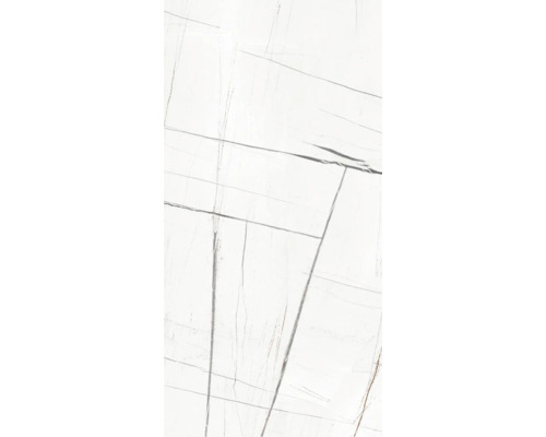 Weiße Fliese mit Marmoroptik und grauen Linien.
