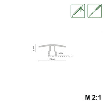 Technische Zeichnung eines Übergangsprofils mit den Maßen 8 mm Höhe und 29 mm Breite. Symbole zeigen die Verwendung von Klebepistole und Schraubenzieher.
