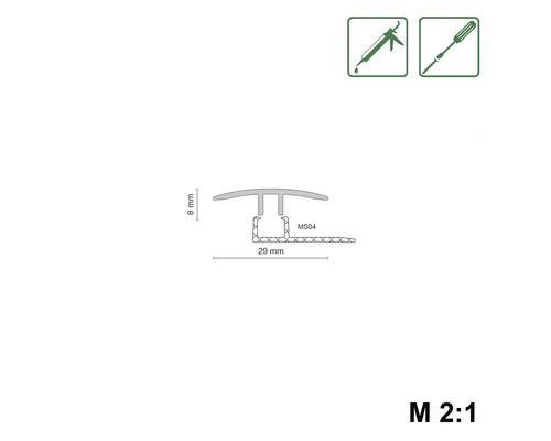 Technische Zeichnung eines Übergangsprofils mit den Maßen 8 mm Höhe und 29 mm Breite. Symbole zeigen die Verwendung von Klebepistole und Schraubenzieher.