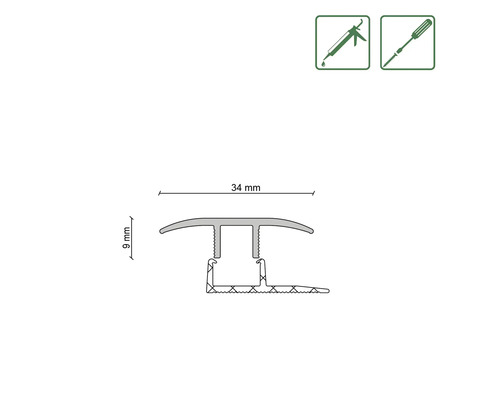 Profilzeichnung einer Übergangsschiene mit den Maßen 34 mm Breite und 9 mm Höhe