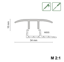 Technische Zeichnung eines Übergangsprofils mit den Maßen 10 mm Höhe und 34 mm Breite.