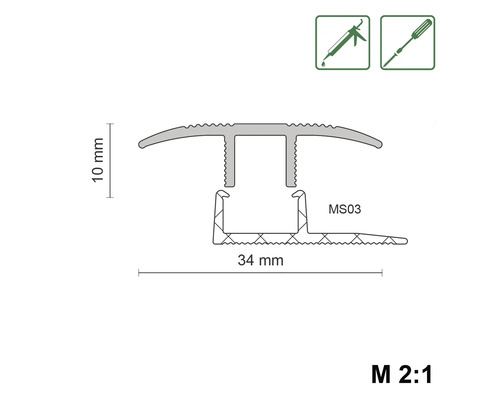 Technische Zeichnung eines Übergangsprofils mit den Maßen 10 mm Höhe und 34 mm Breite