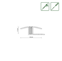 Technische Zeichnung eines Übergangsprofils mit den Maßen 11 mm Höhe und 34 mm Breite sowie Symbole für Montagekleber und Schraubendreher