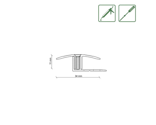 Technische Zeichnung eines Übergangsprofils mit den Maßen 11 mm Höhe und 34 mm Breite sowie Symbole für Montagekleber und Schraubendreher