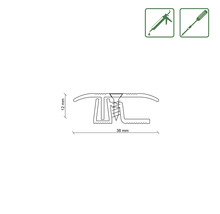 Technische Zeichnung eines Übergangsprofils mit den Maßen 38 mm Breite und 12 mm Höhe