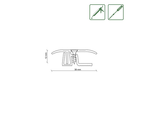 Technische Zeichnung eines Übergangsprofils mit den Maßen 38 mm Breite und 12 mm Höhe