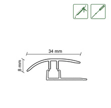 Technische Zeichnung eines Übergangsprofils mit den Maßen 34 mm Breite und 8 mm Höhe.