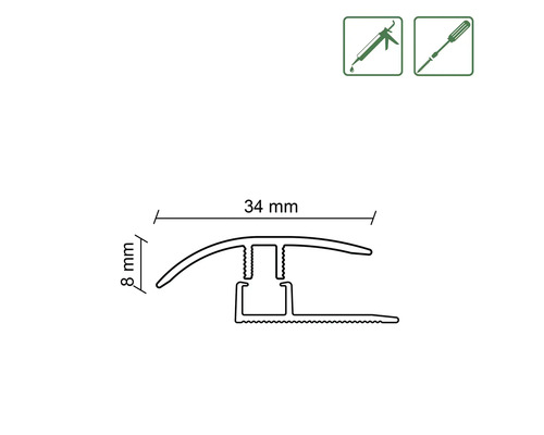 Technische Zeichnung eines Übergangsprofils mit den Maßen 34 mm Breite und 8 mm Höhe.