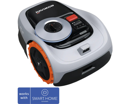 Navimow Mähroboter mit Steuerungselementen und Smart Home Logo