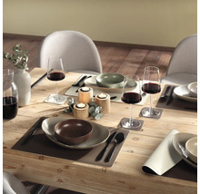 Gedeckter Esstisch mit Geschirr, Besteck, Gläsern, Tischsets und Dekoration