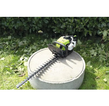 Heckenschere auf Betonring mit Hecke im Hintergrund