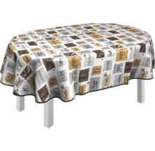 Ovaler Tisch mit Tischdecke mit Kaffeemotiven auf einem Tisch