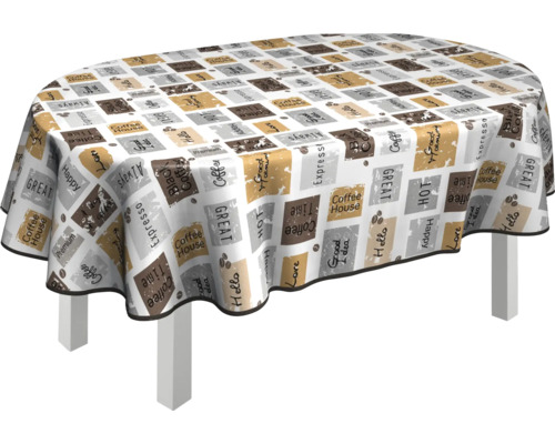 Ovaler Tisch mit Tischdecke mit Kaffeemotiven auf einem Tisch