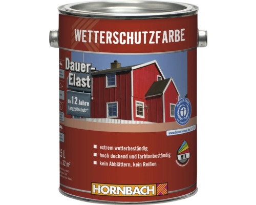 Dose Wetterschutzfarbe mit Hausabbildung und Hinweisen zu Eigenschaften und Umweltzeichen.