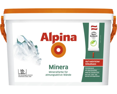 Alpina Minera weiß matt 10 l Eimer Alpina Minera Mineralfarbe für atmungsaktive Wände, 10 Liter