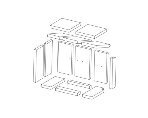 Explosionszeichnung eines Möbelbausatzes mit Brettern, Seitenwänden und Zubehör