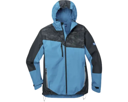 Blaue Outdoorjacke mit Kapuze und Reißverschluss